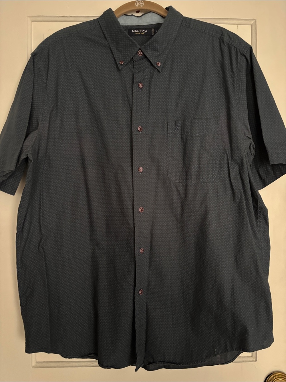 Nautica Men's Short Sleeve Button-Down Shirt in Navy with Subtle Dot Texture